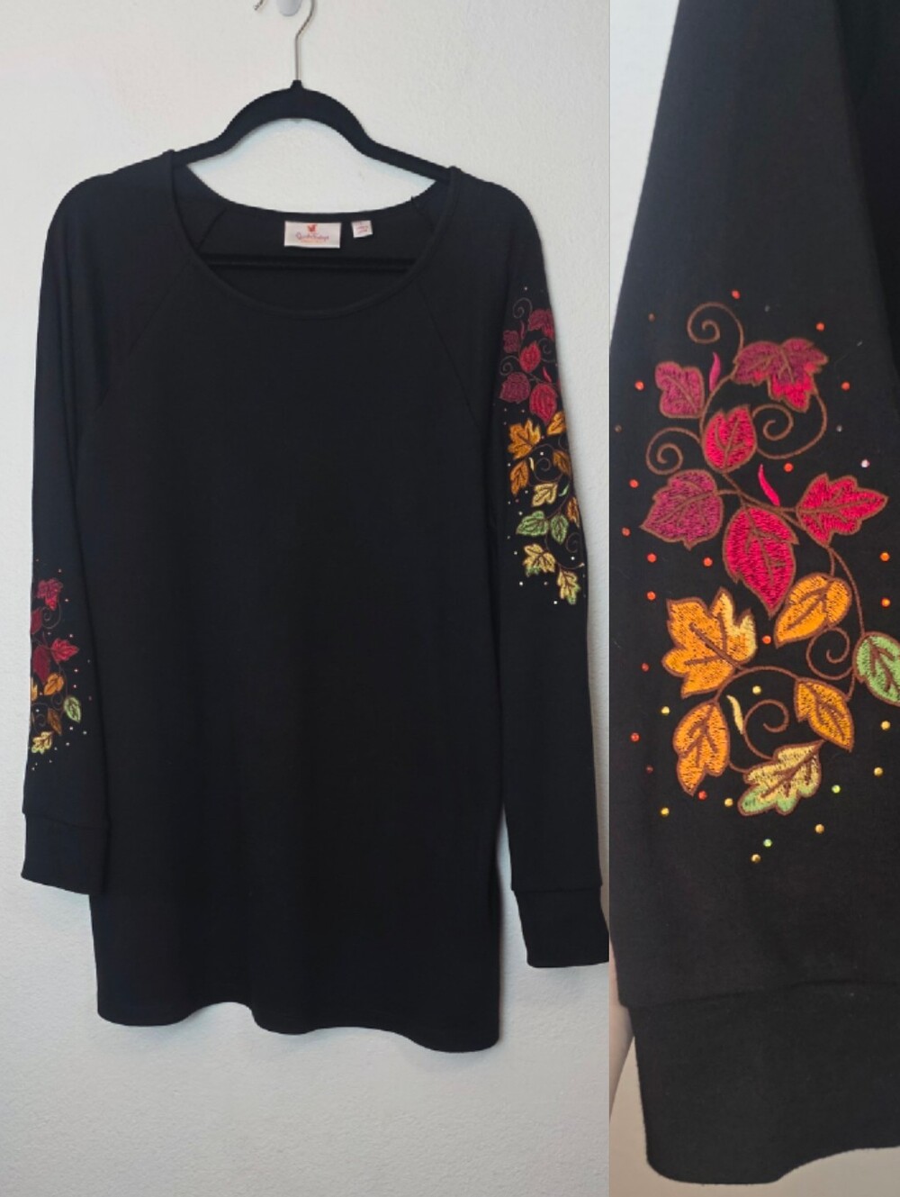 QUACKER FACTORY Black Long Sleeve Fall Leaves Embroidered Beaded Tunic Top Sz L